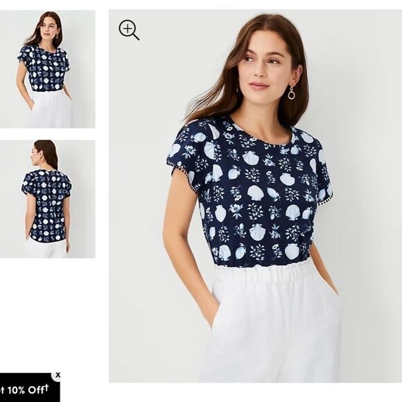 Ann Taylor Shell Tile Bobble Petal Sleeve Pima Cotton Tee Sz L - Picture 1 of 9